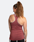 Back view of active mum wearing berry breastfeeding tank