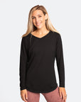 Active mum wearing a black nursing long sleeve top