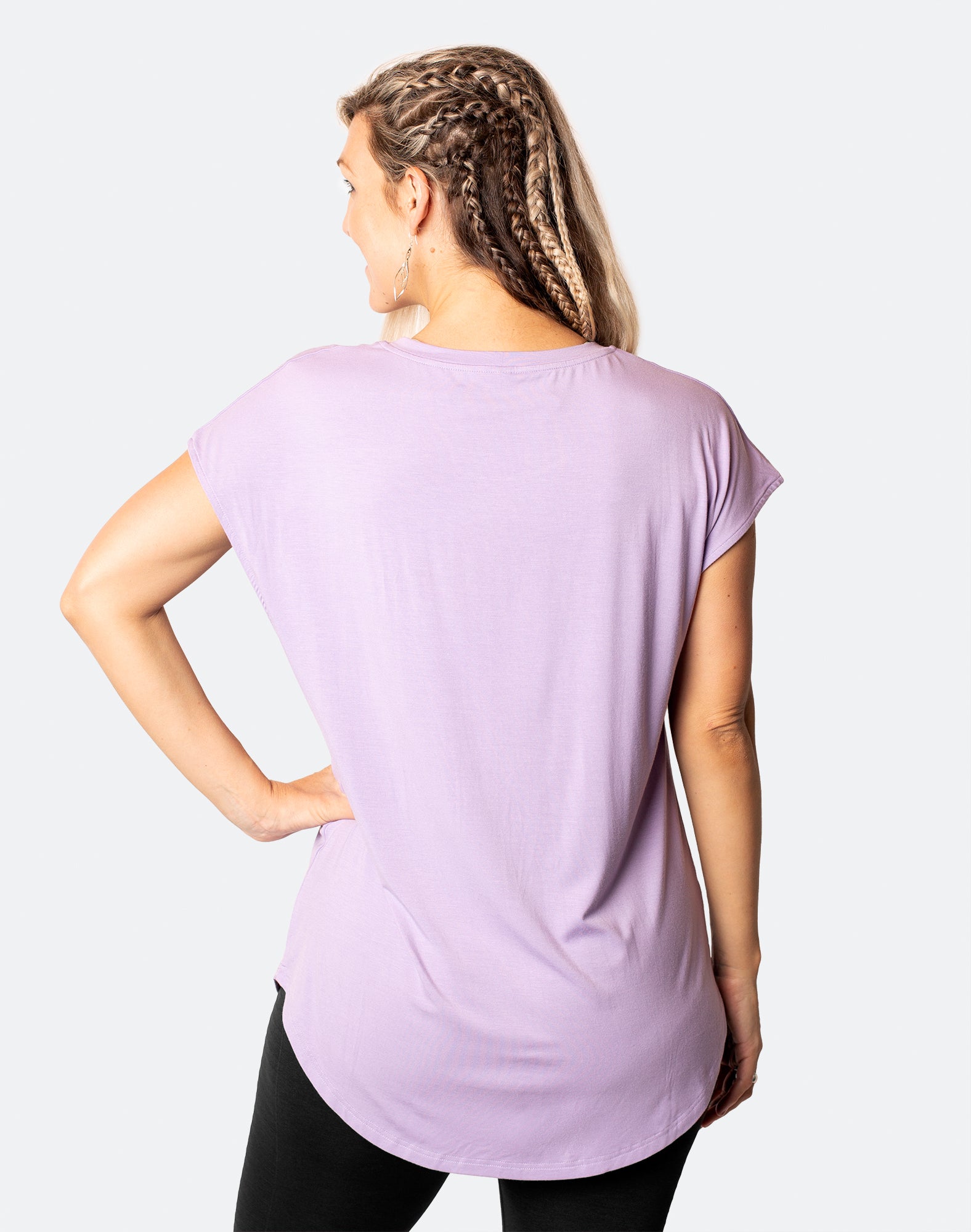 back view of active mum wearing a relaxed fit lavender tee with wide armholes for breastfeeding