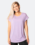 active happy mum wearing a relaxed fit lavender tee with wide armholes for breastfeeding