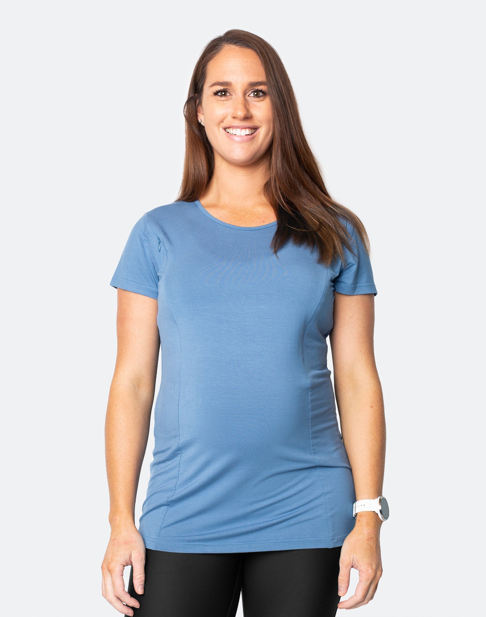 pregnant active mum wearing a blue breastfeeding t-shirt