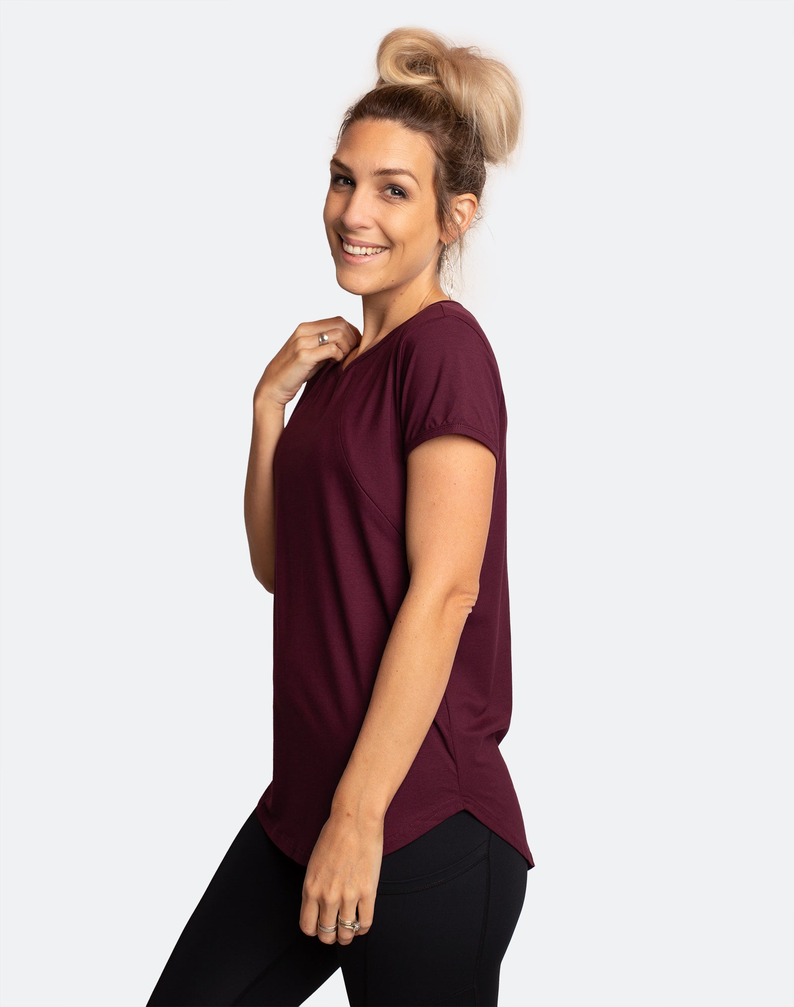 side view active mum wearing scoop tee fig breastfeeding t-shirt