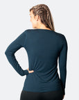 Back view of teal green bamboo long sleeve nursing top