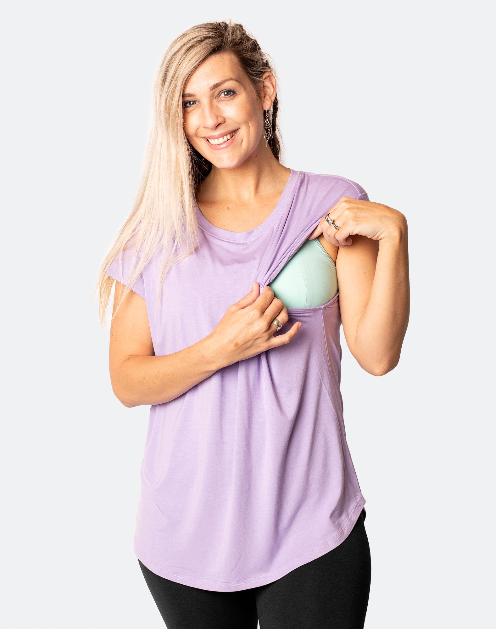 front view of mum showing nursing function of relaxed lavender tee