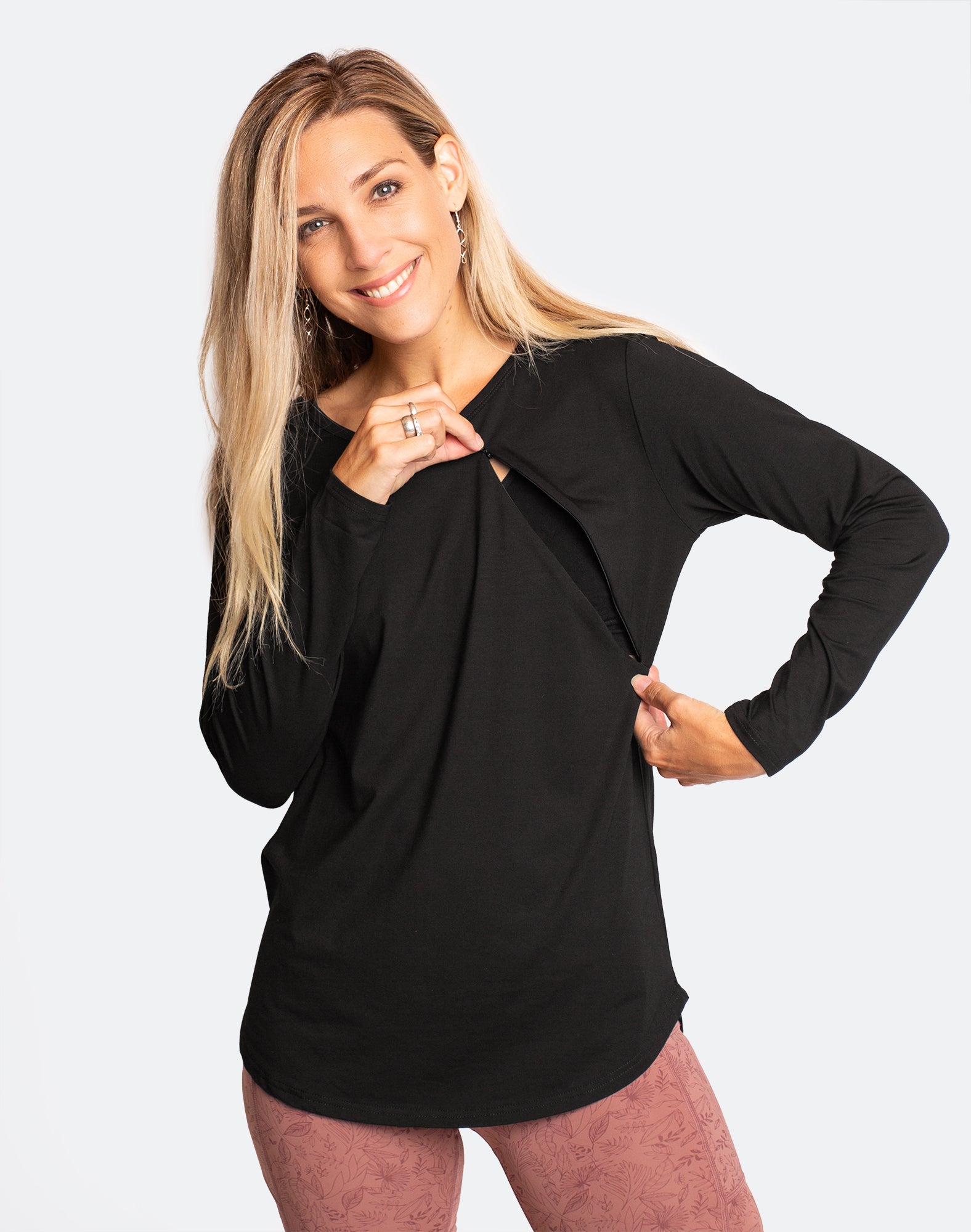 Happy mum wearing black nursing long sleeve top with zips for breastfeeding