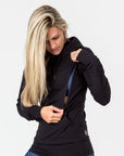 breastfeeding mum showing the nursing zip function of a black hoodie