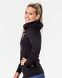 active mum wearing a black firm fitting breastfeeding hoodie