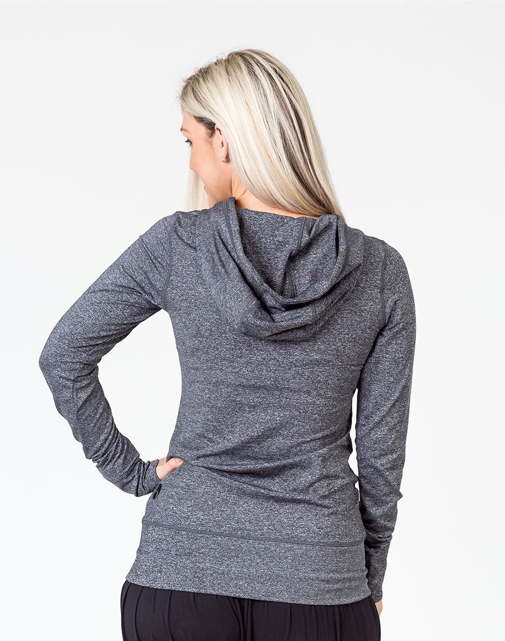 back view of a pregnant mum wearing a grey activewear breastfeeding hoodie