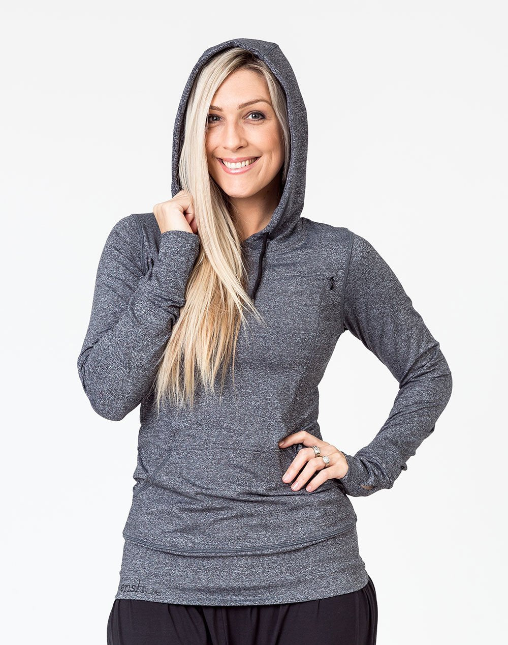 front view of a mum wearing a grey activewear breastfeeding hoodie with the hood up