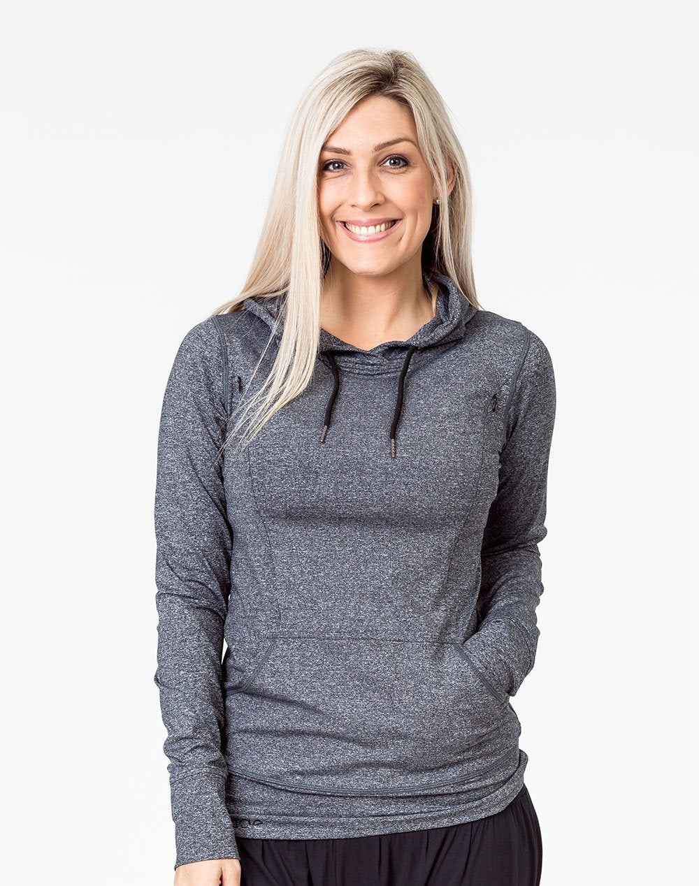 front view of an active mum wearing a grey activewear breastfeeding hoodie