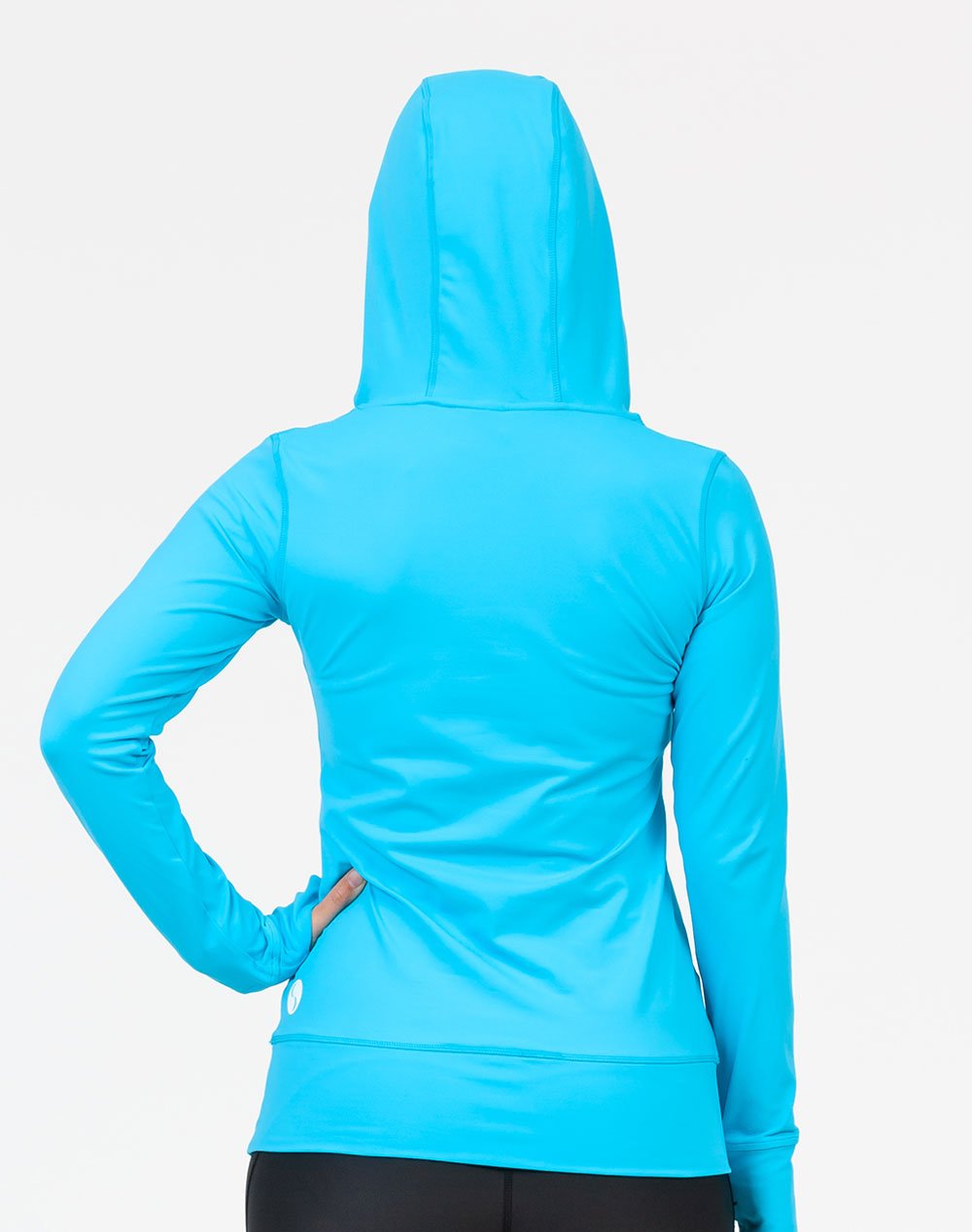 back view of a mum wearing a sky blue activewear breastfeeding hoodie with the hood up