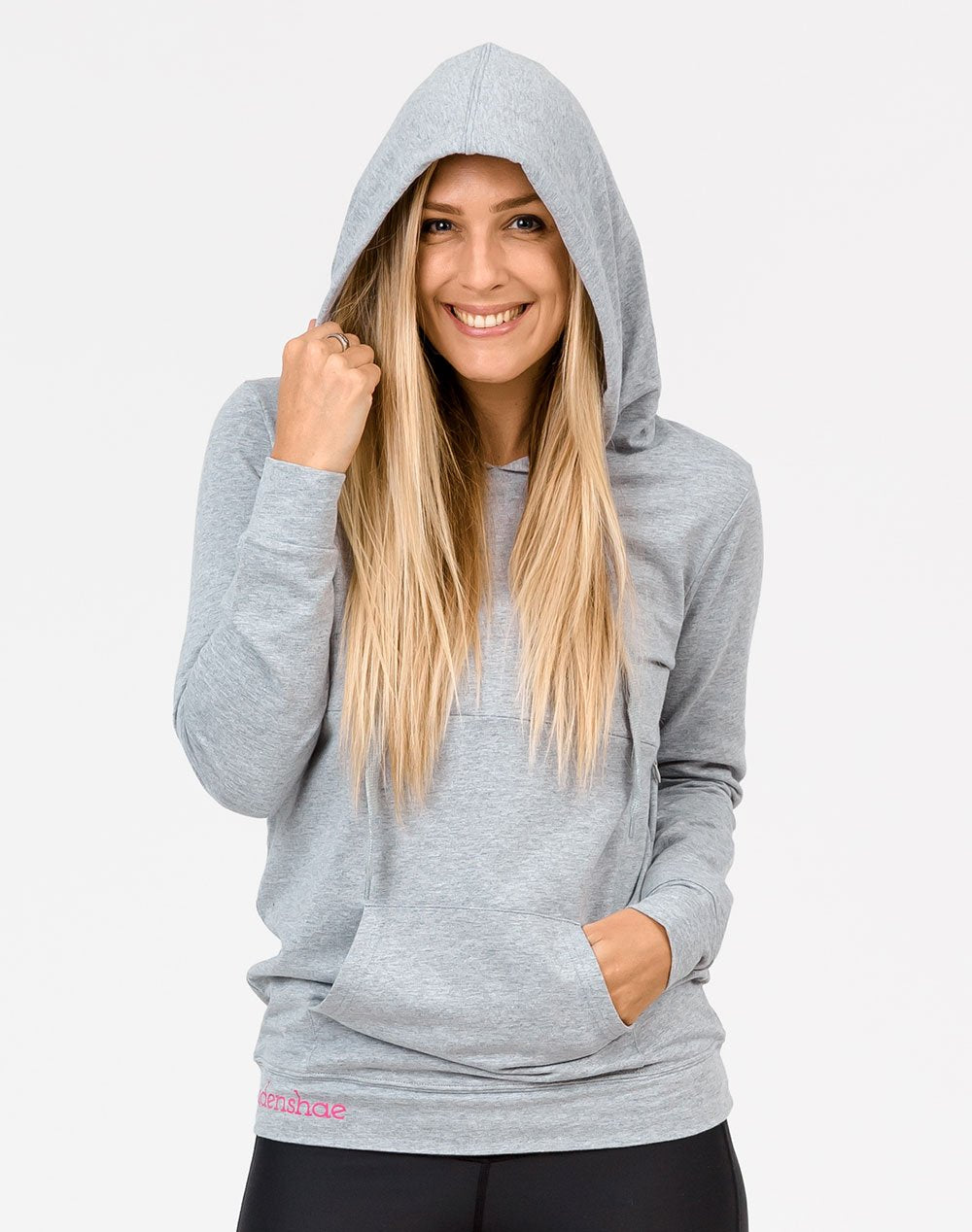 front view active mum wearing a grey casual breastfeeding hoodie with the hood up