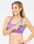 purple racerback nursing bra front on view of a mum with one dropdown cup unclipped