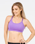 front view of an active mum wearing purple everyday bra racerback nursing bra