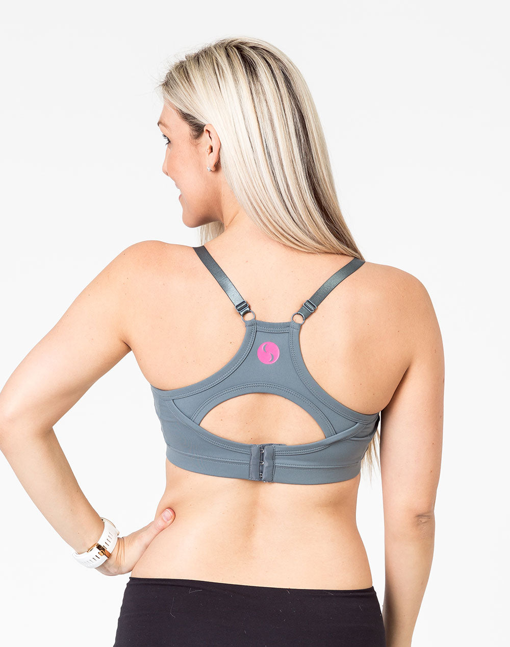  back view of a mum wearing a grey racerback nursing bra