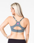  back view of a mum wearing a grey racerback nursing bra