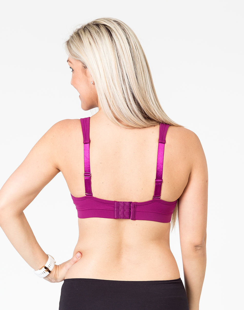 pregnant mum wearing a plum playtime bra back view with option to wear as a normal bra