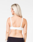 pregnant mum wearing a white playtime bra back view showing the option to wear as a normal bra