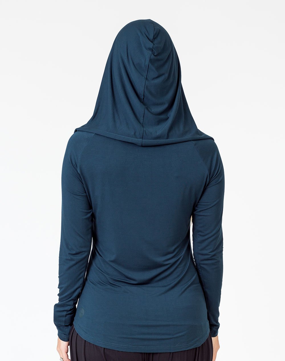 back view of a mum wearing a peacock colour breastfeeding hoodie with the hood up