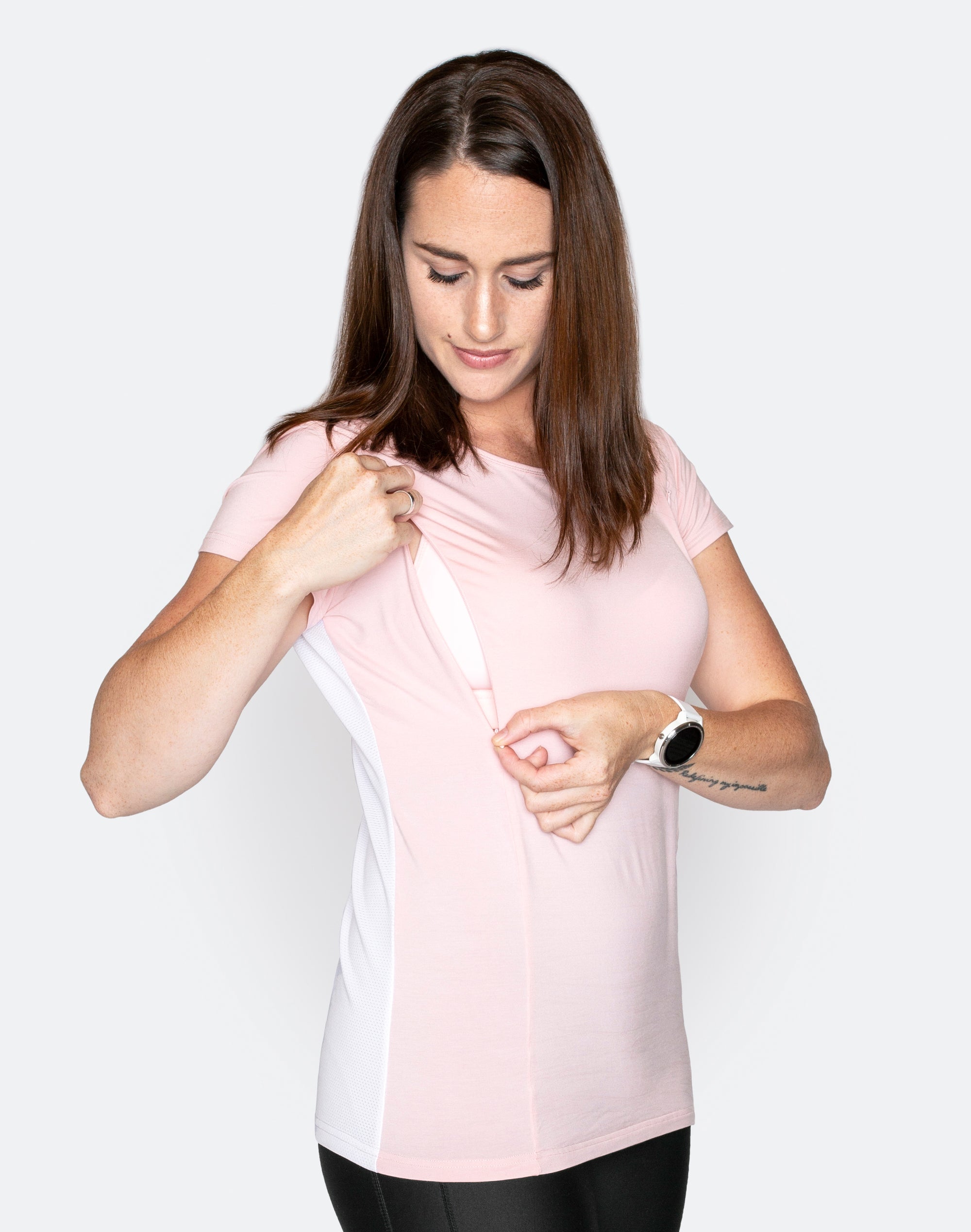 front view of a breastfeeding friendly workout t-shirt