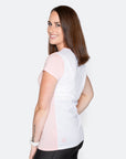 rear view of pregnant woman wearing a breastfeeding t-shirt