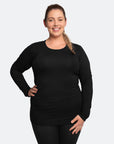 front view of an pregnant lady wearing a black maternity top with long sleeves