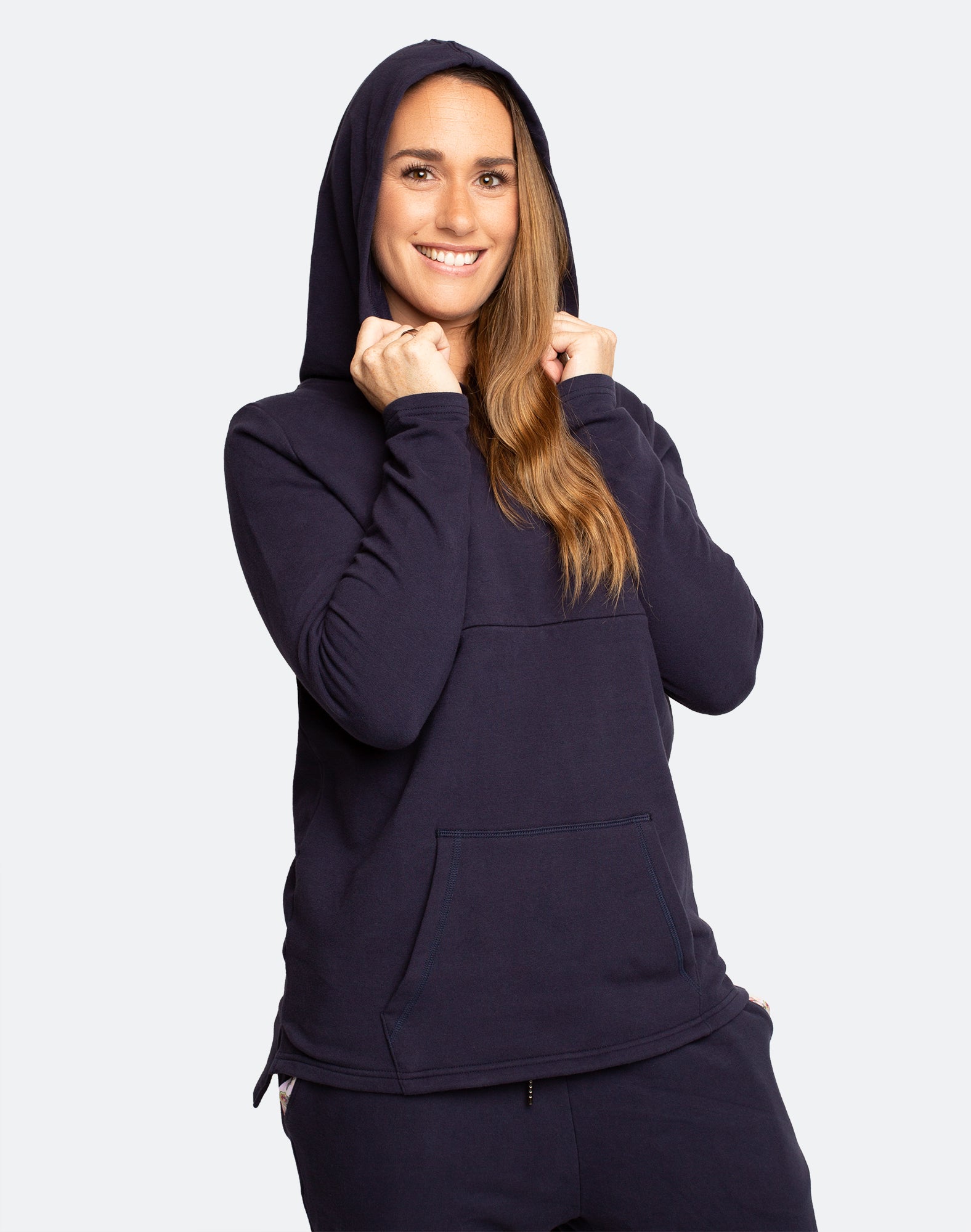 Matching dark navy breastfeeding hoodie and lifestyle trousers