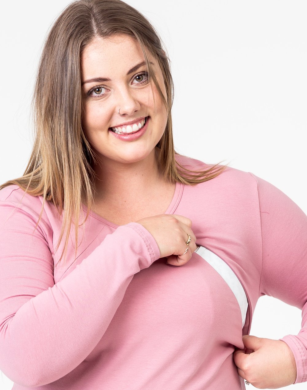 pink maternity top with long sleeves and invisible zip unzipped close up