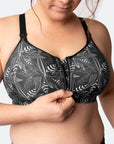 custom print zip front closure nursing bra with drop down cups and nursing sling underlayer