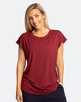 active happy mum wearing a relaxed fit ruby tee with wide armholes for breastfeeding