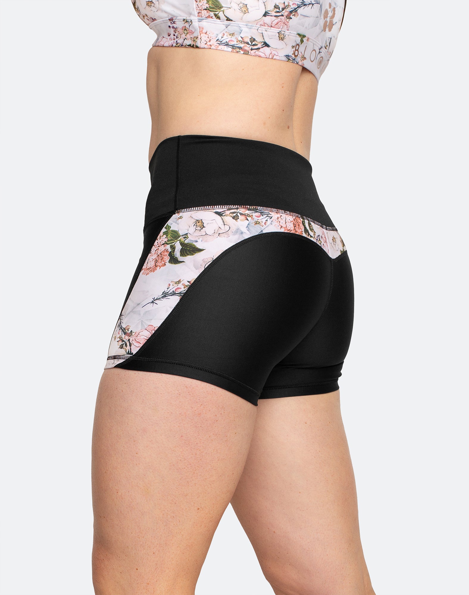 Black with white floral postpartum compression bike shorts