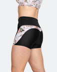 Black with white floral postpartum compression bike shorts