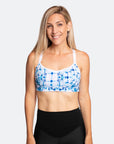 Happy mum wearing nursing running bra in blue and white print