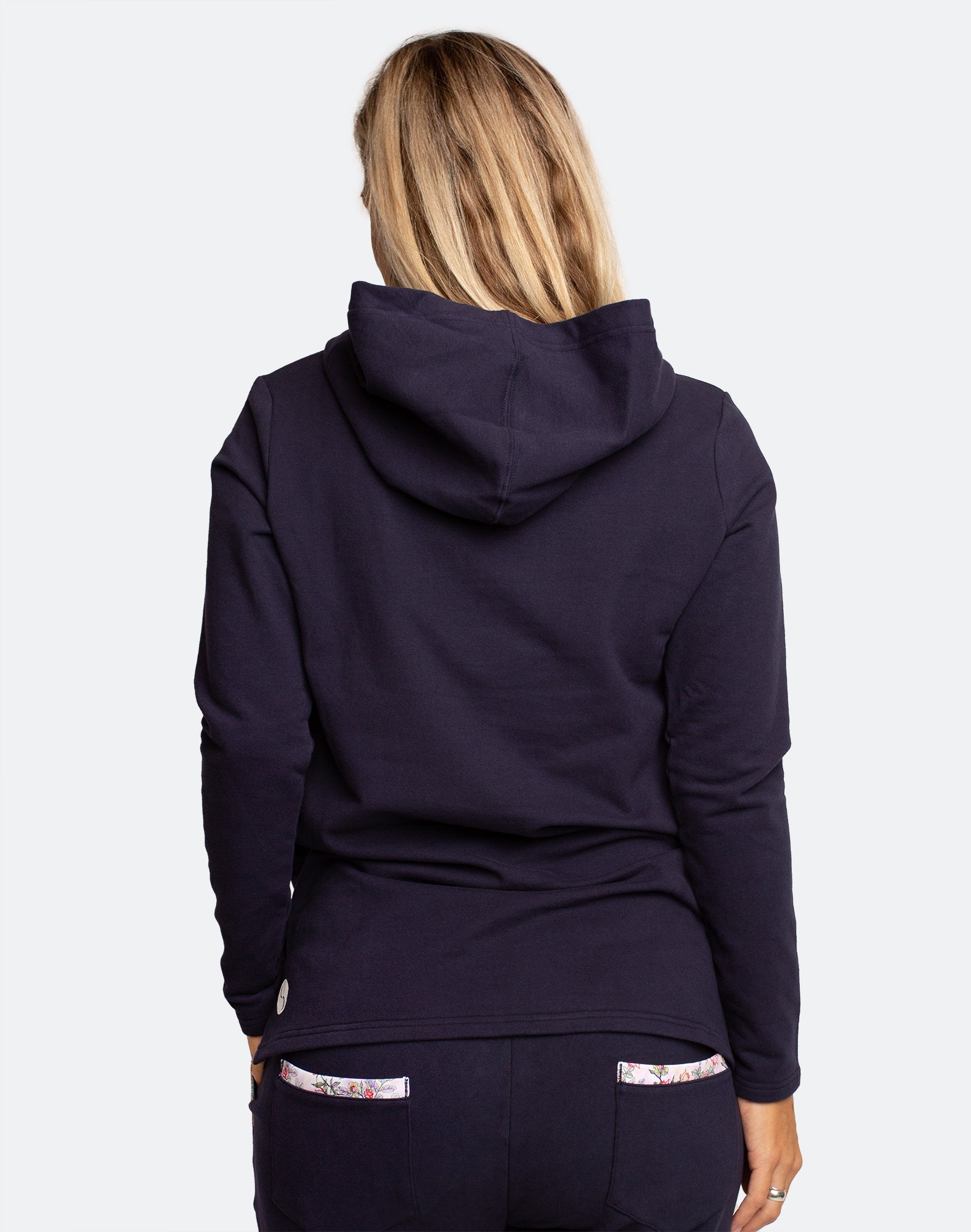 Back view of dark navy maternity nursing hoodie