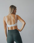 Back view of white wire free breastfeeding sports bra